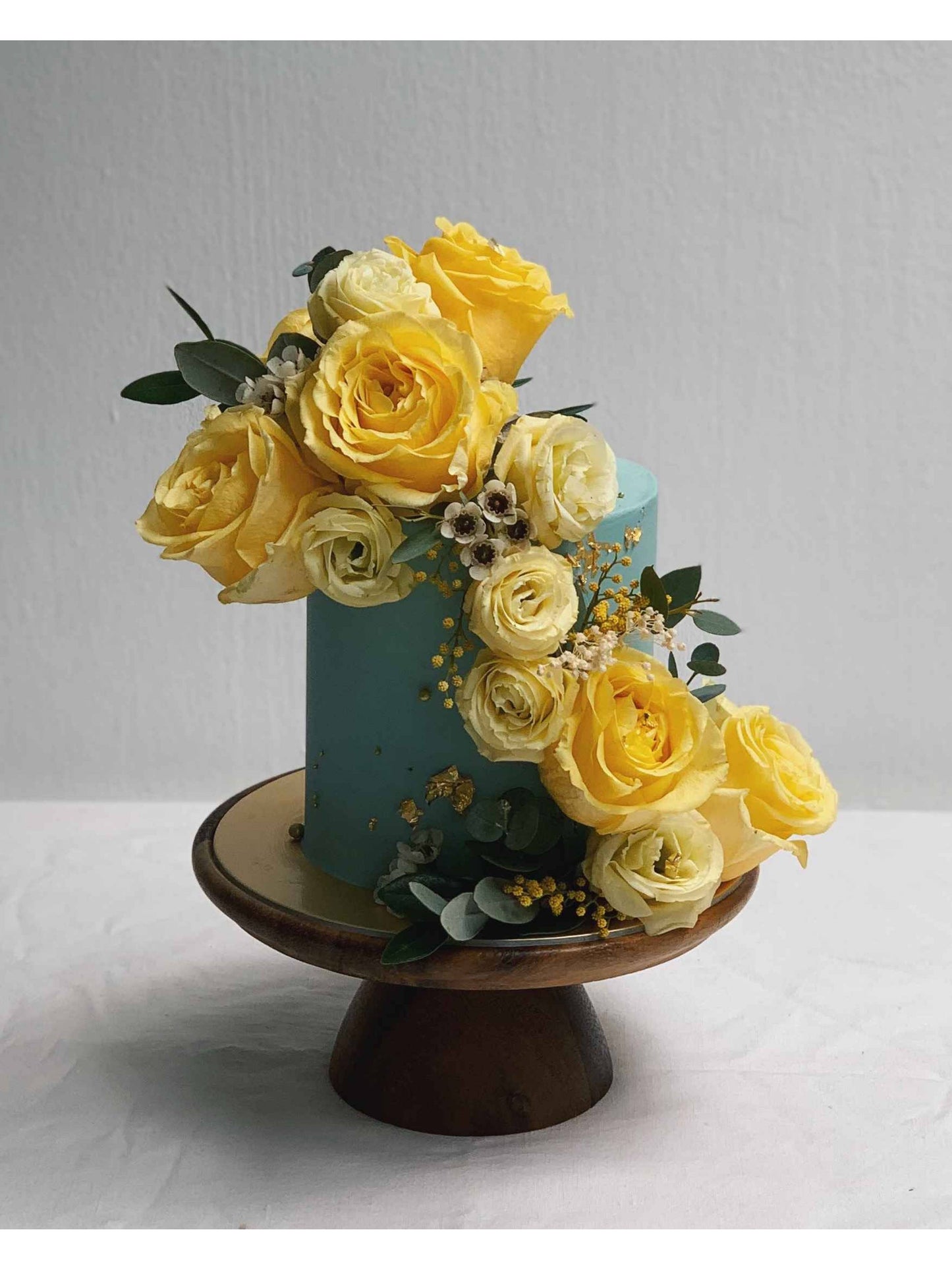 Dusty Blue Yellow Cascading Floral Cake Singapore | Sarah’s Loft