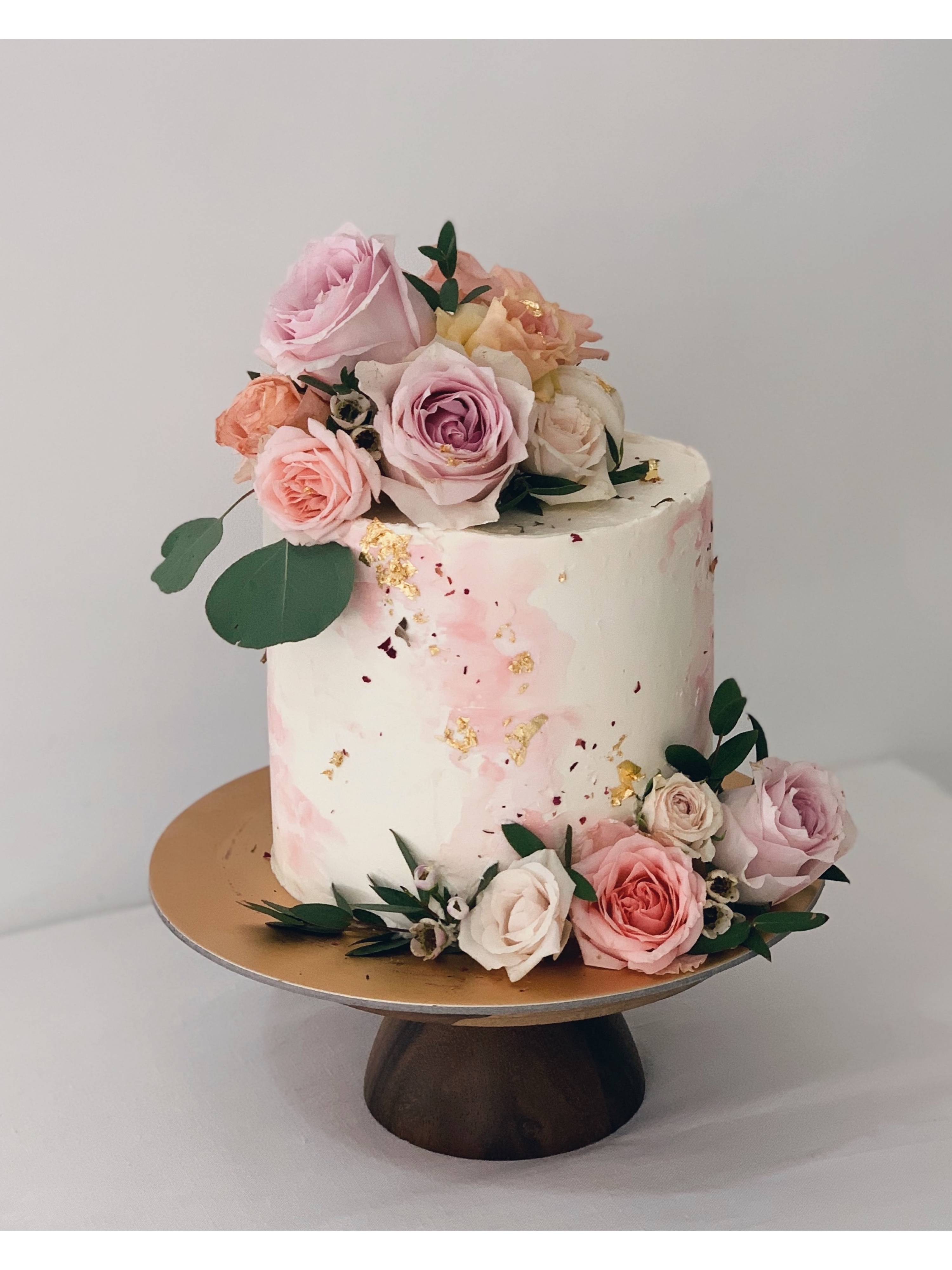 F15. Pink Watercolour Floral Cake