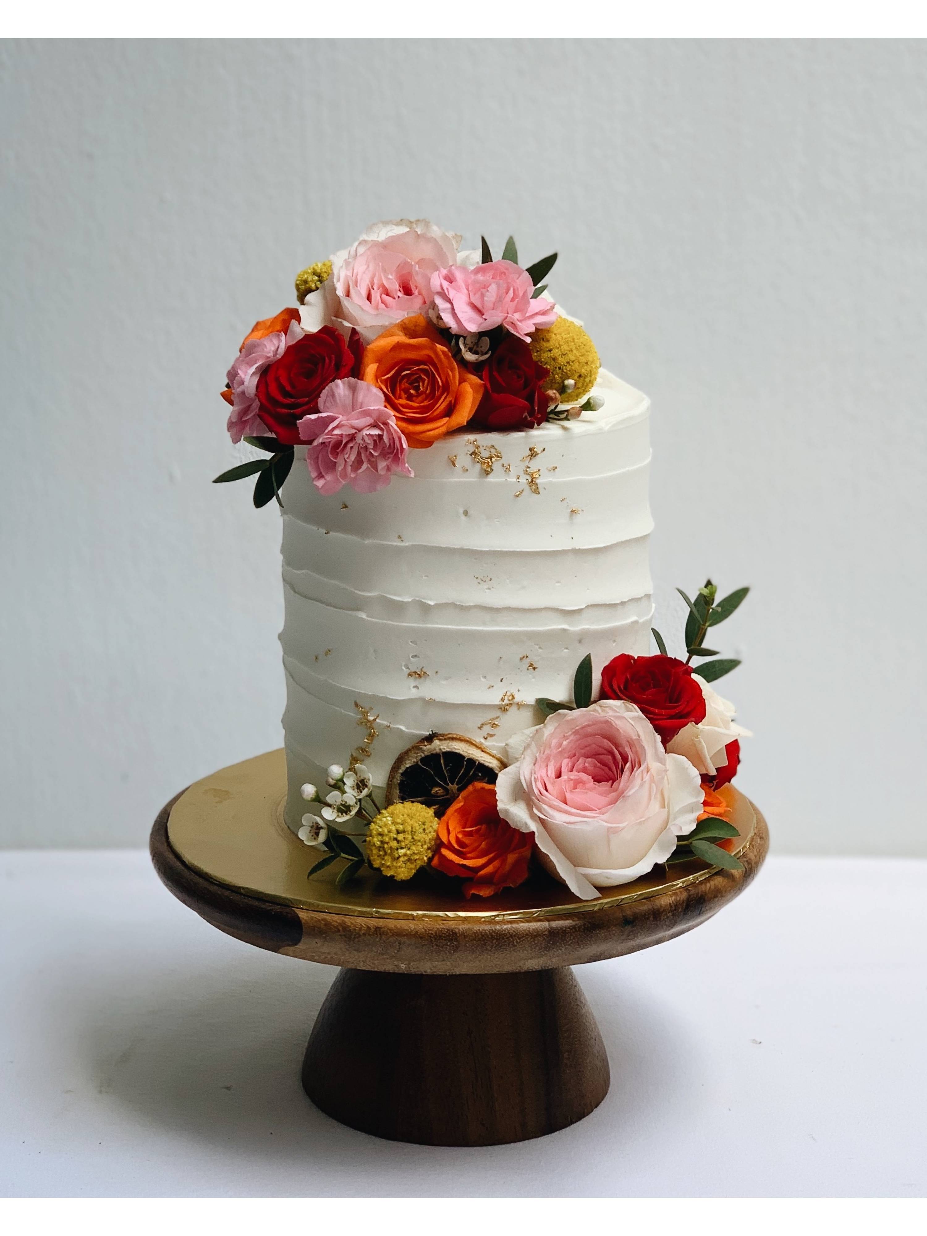 F16. Shades of Pink Orange Yellow Floral Cake