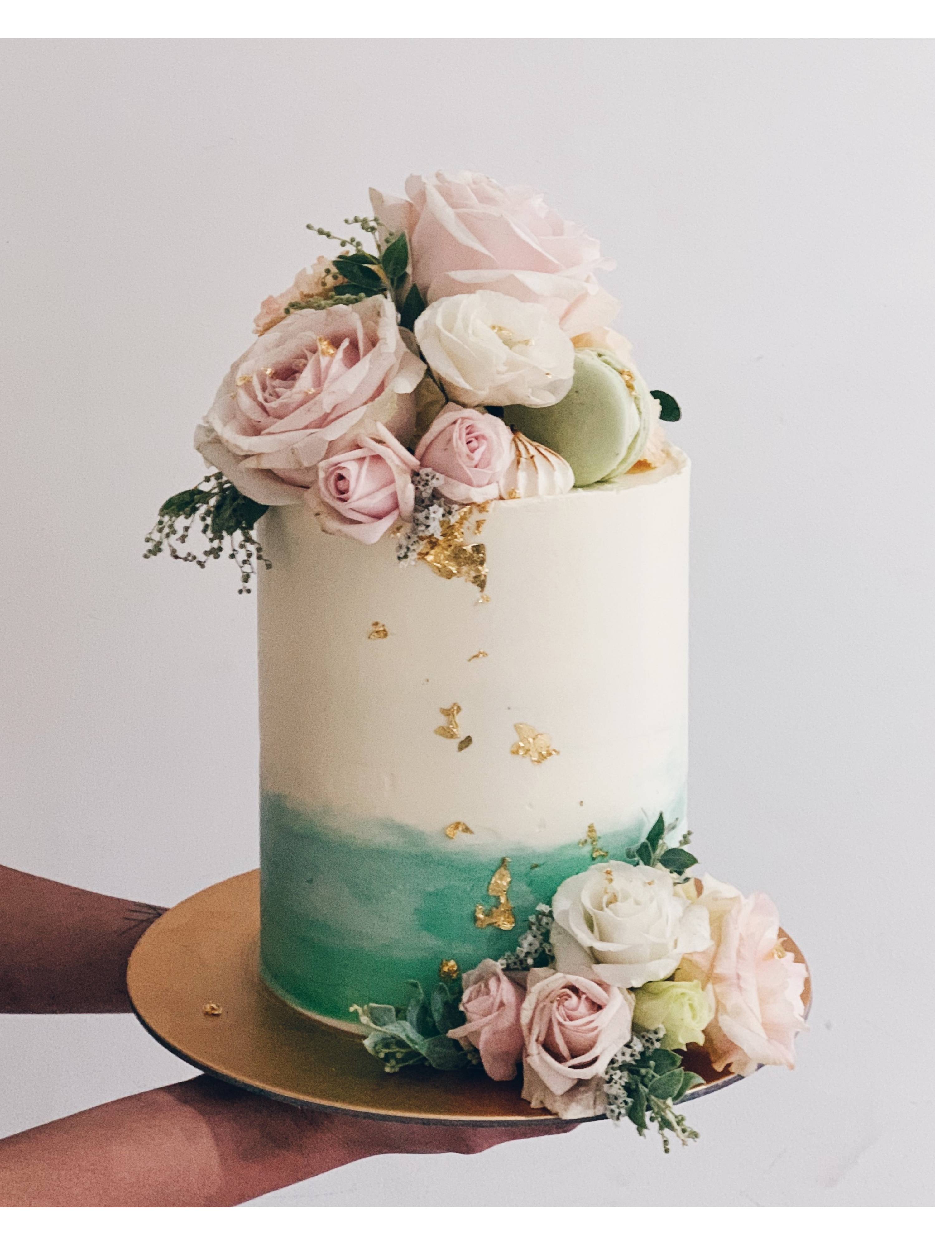 F19. Teal Watercolour Floral Cake
