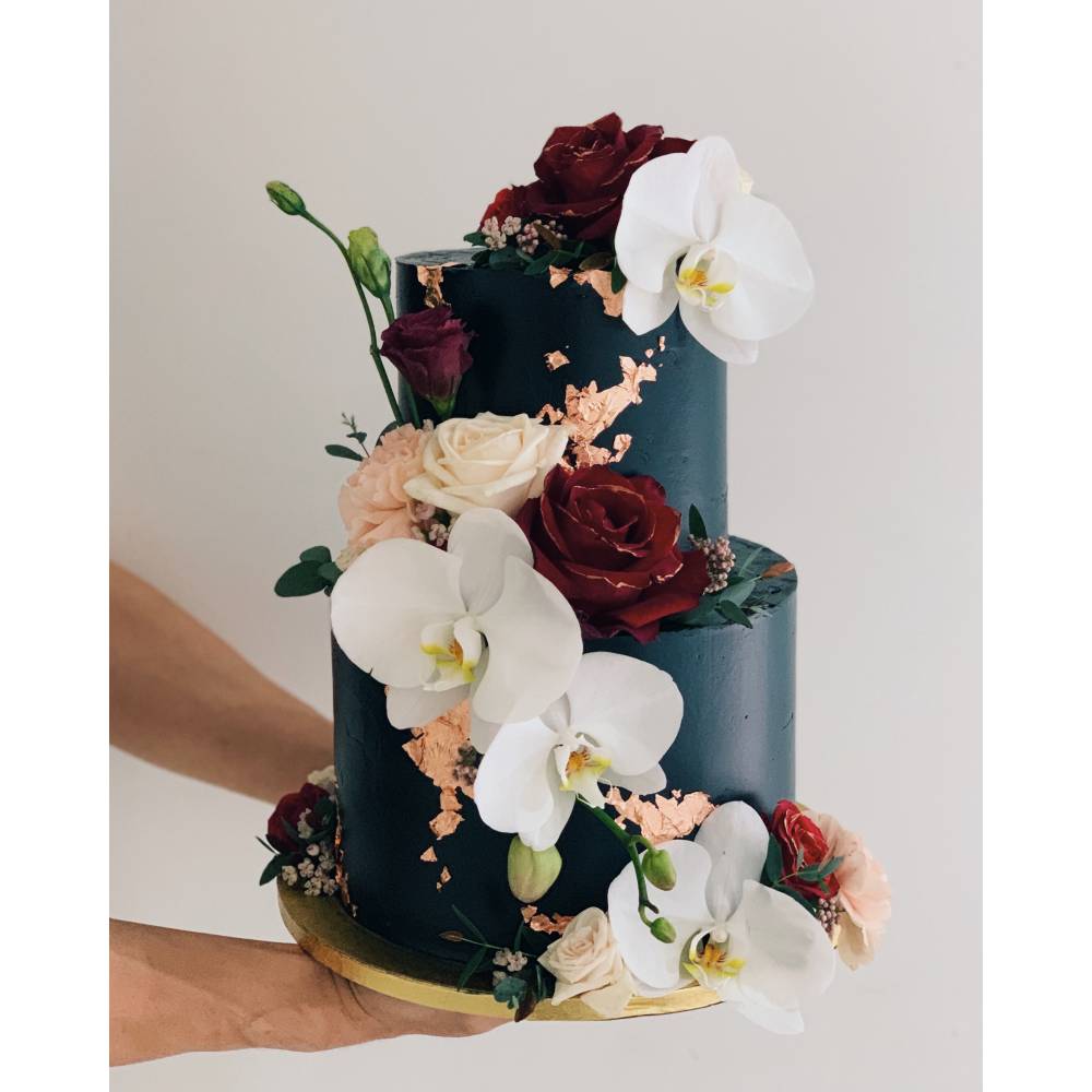 F50. Navy Maroon Rose Gold Orchid Cake