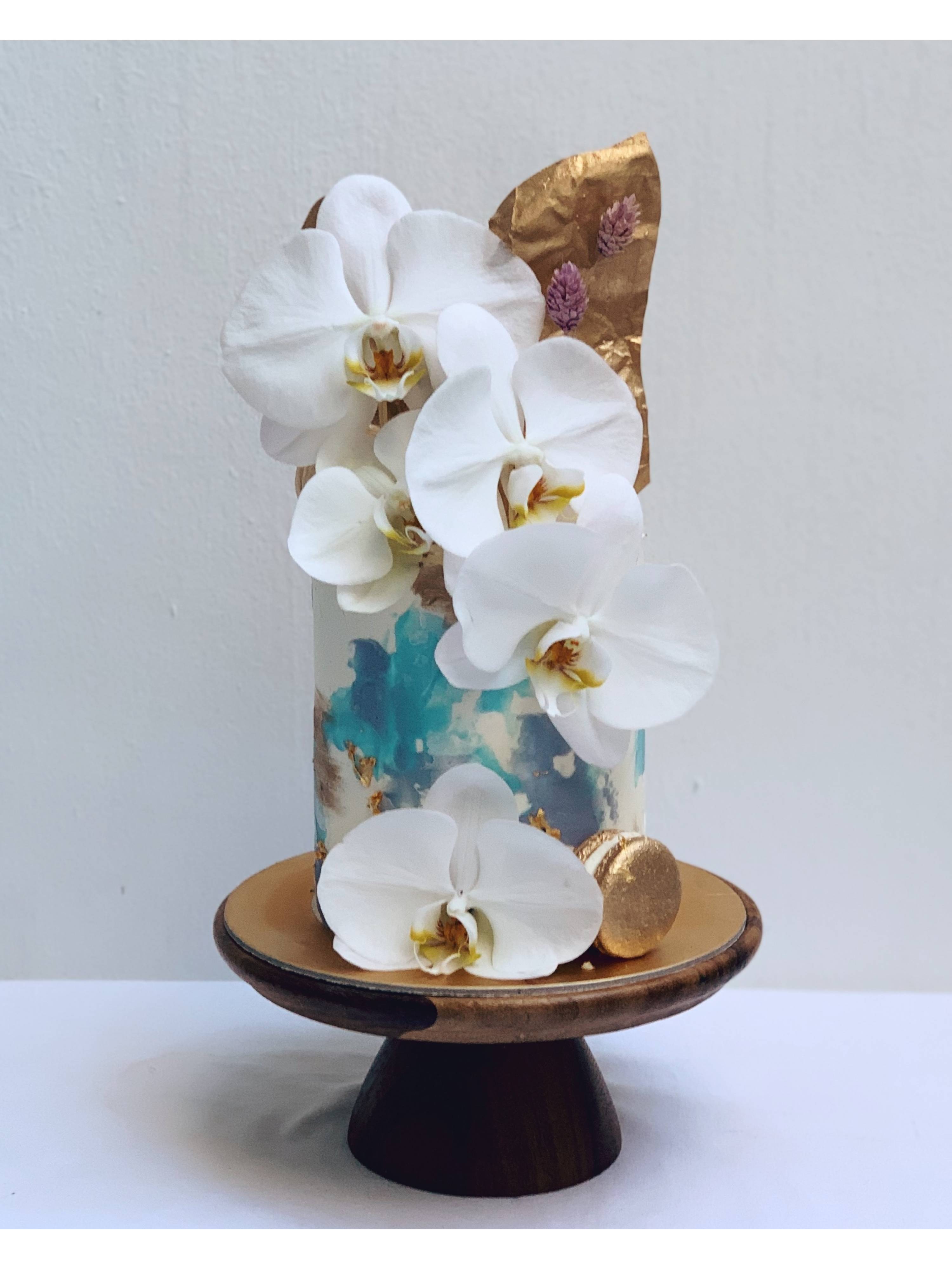 F27. Dusty Blue Watercolour Phalaenopsis Orchid Cake