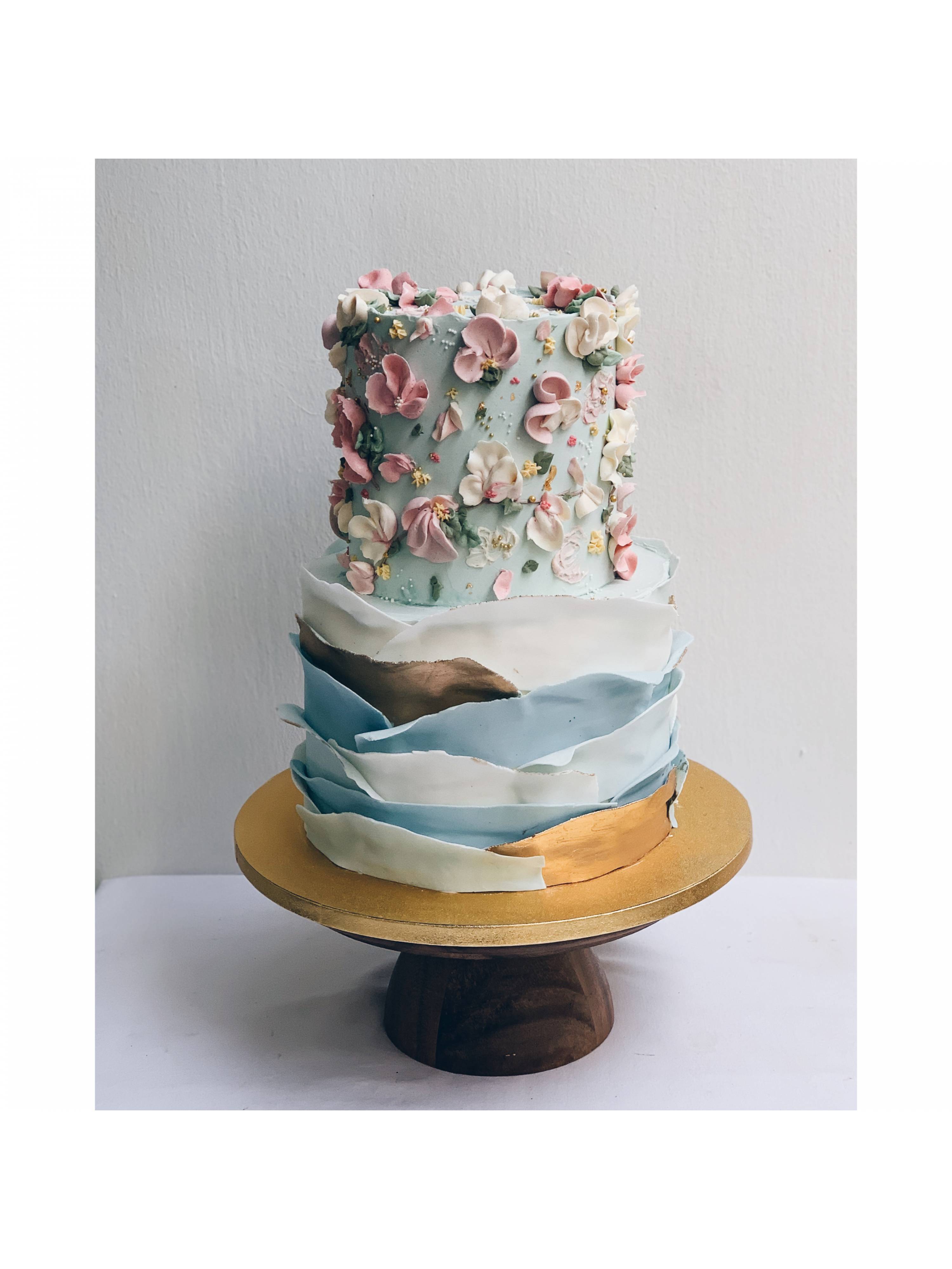 Blue Gold Ruffles Floral Cake