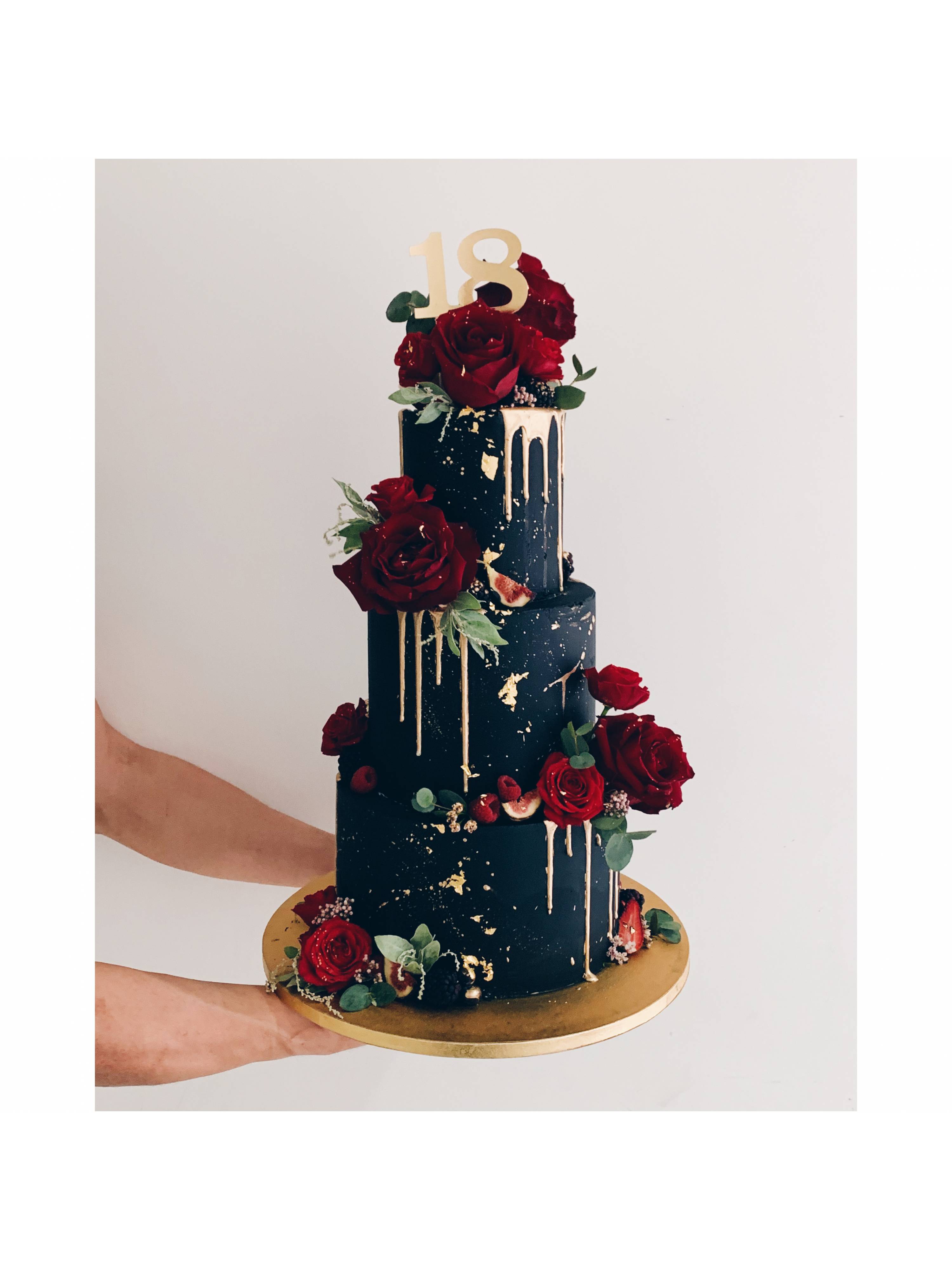 Black Gold Maroon Floral Cake