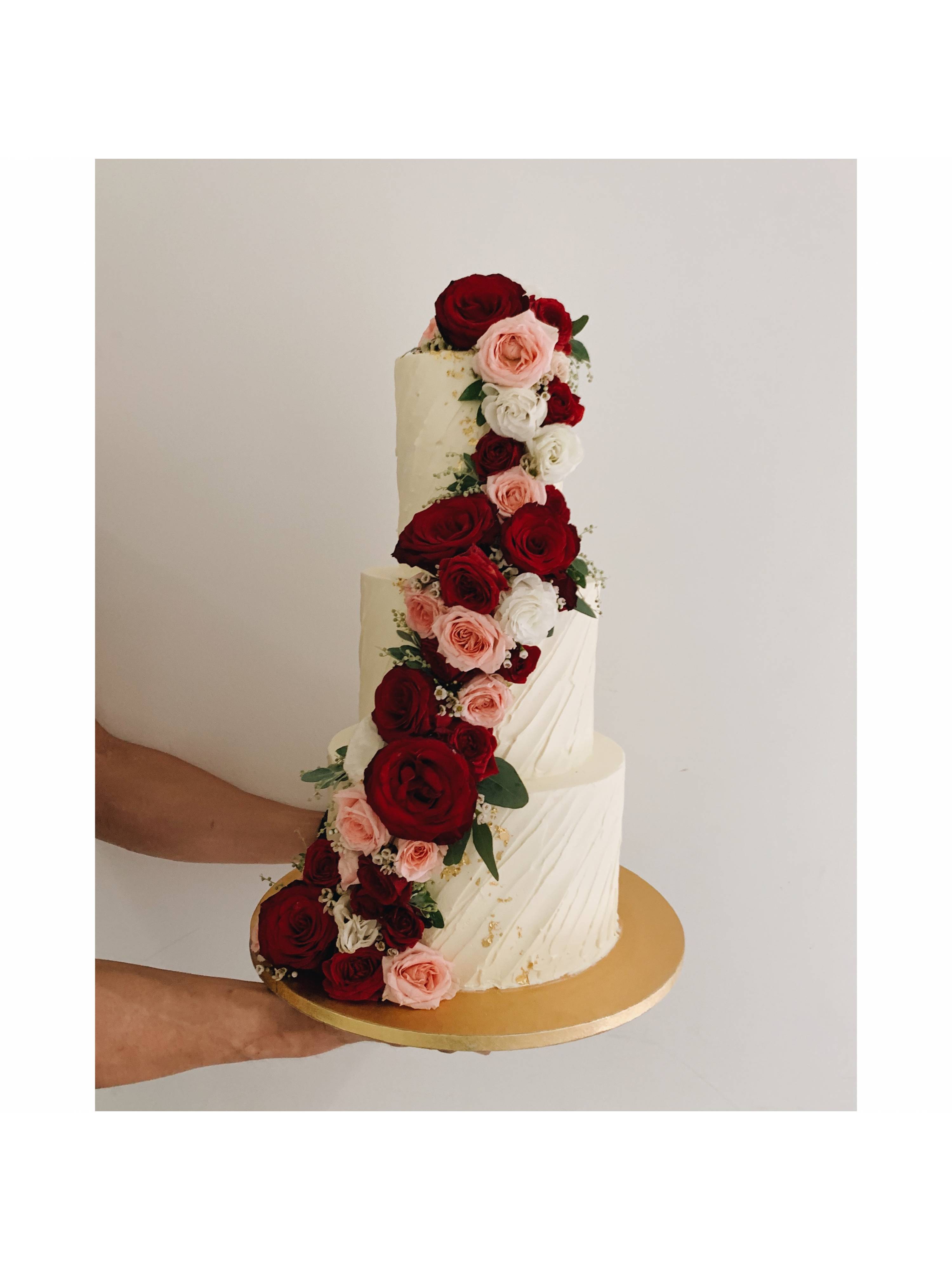 Cascading Maroon Pink Floral Cake