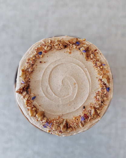 top view of carrot walnut cake with textured frosting Singapore