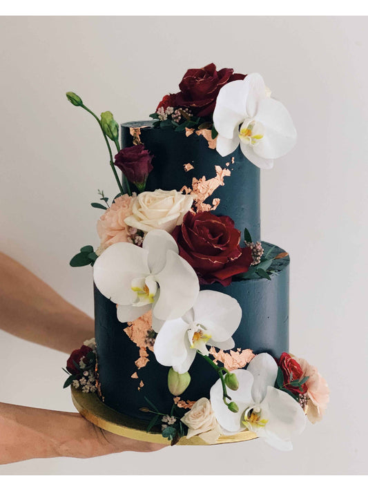 Two Tier Navy Maroon Rose Gold Orchid Cake Singapore | Sarah’s Loft